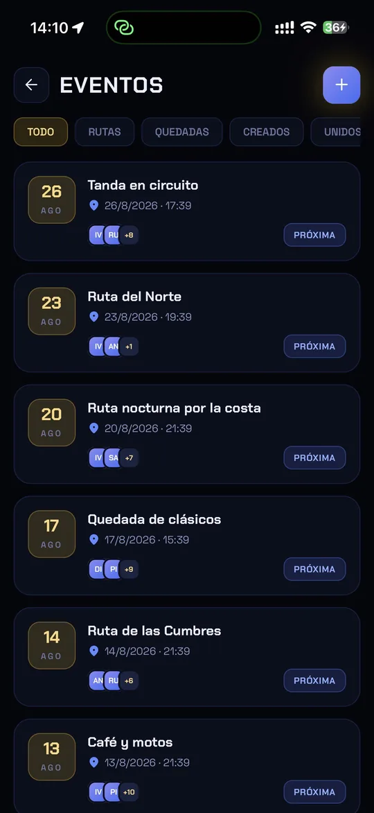 Pantalla de eventos de Trebo con la lista de rutas y quedadas próximas