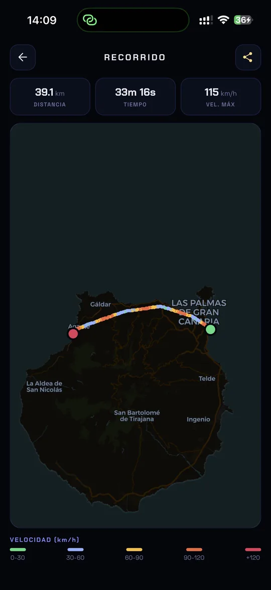 Recorrido registrado con distancia, tiempo y velocidad máxima sobre el mapa